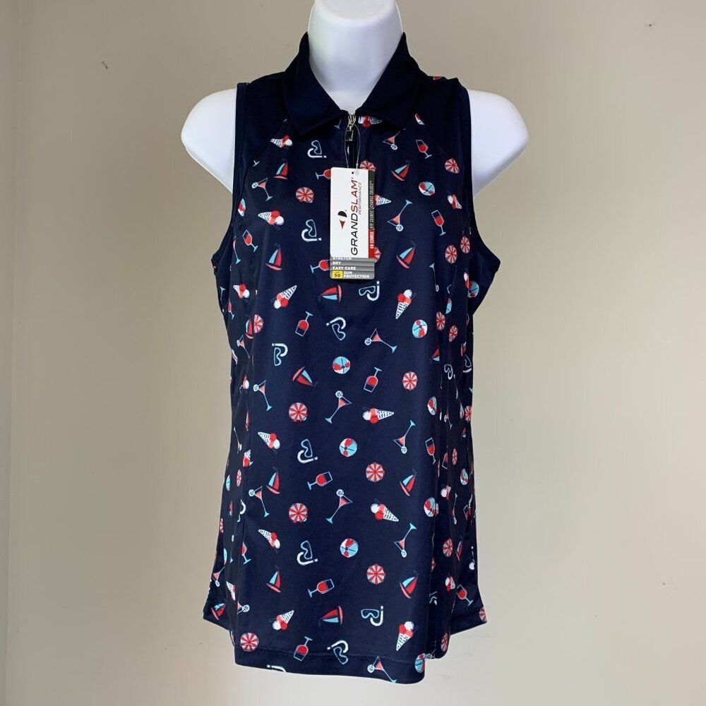 Grand Slam sz S Golf Polo Sleeveless Top Navy Cocktail Wine Print New NWT